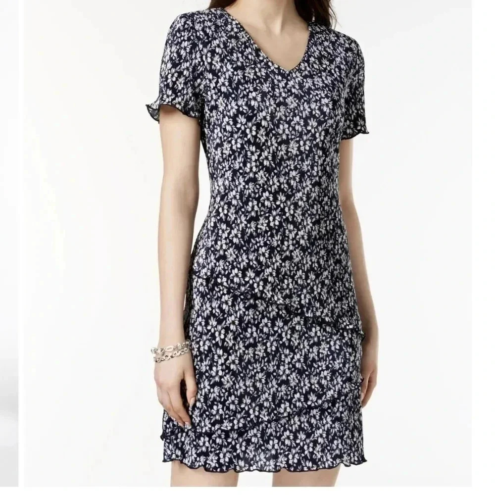 Connected Women's Printed Tiered Dress Blue Size 8Petite